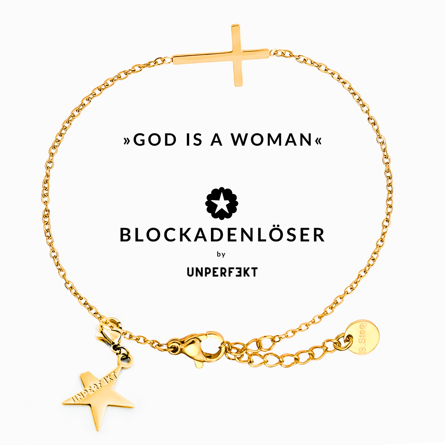 »God is a Woman« 14 Karat vergoldetes Blockadenlöser-Armband mit Kreuz und abgebrochenem Stern