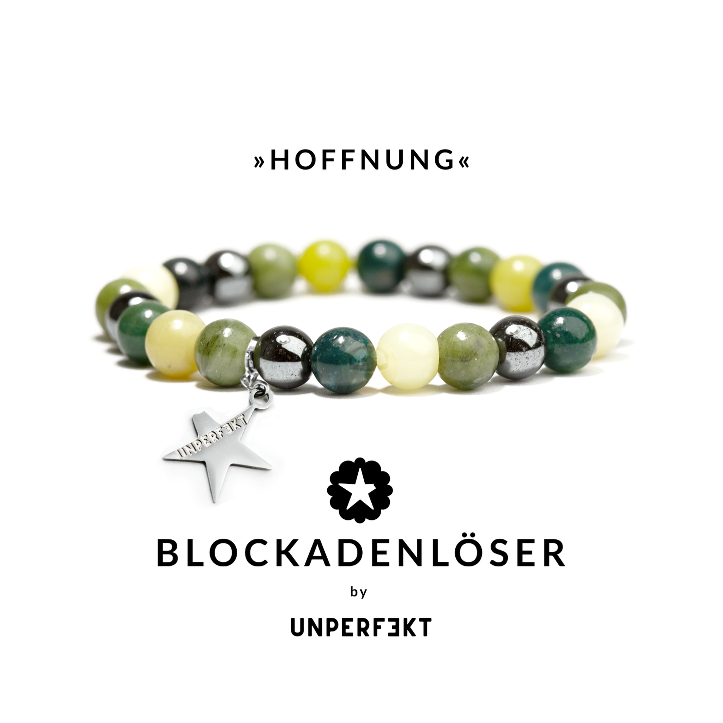 »Hoffnung« Blockadenlöser-Armband aus Citrin, Achat, Jade und Hämatit inkl. abgebrochenem Stern