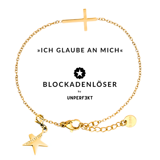 »Ich glaube an mich« 14 Karat vergoldetes Blockadenlöser-Armband mit Kreuz und abgebrochenem Stern