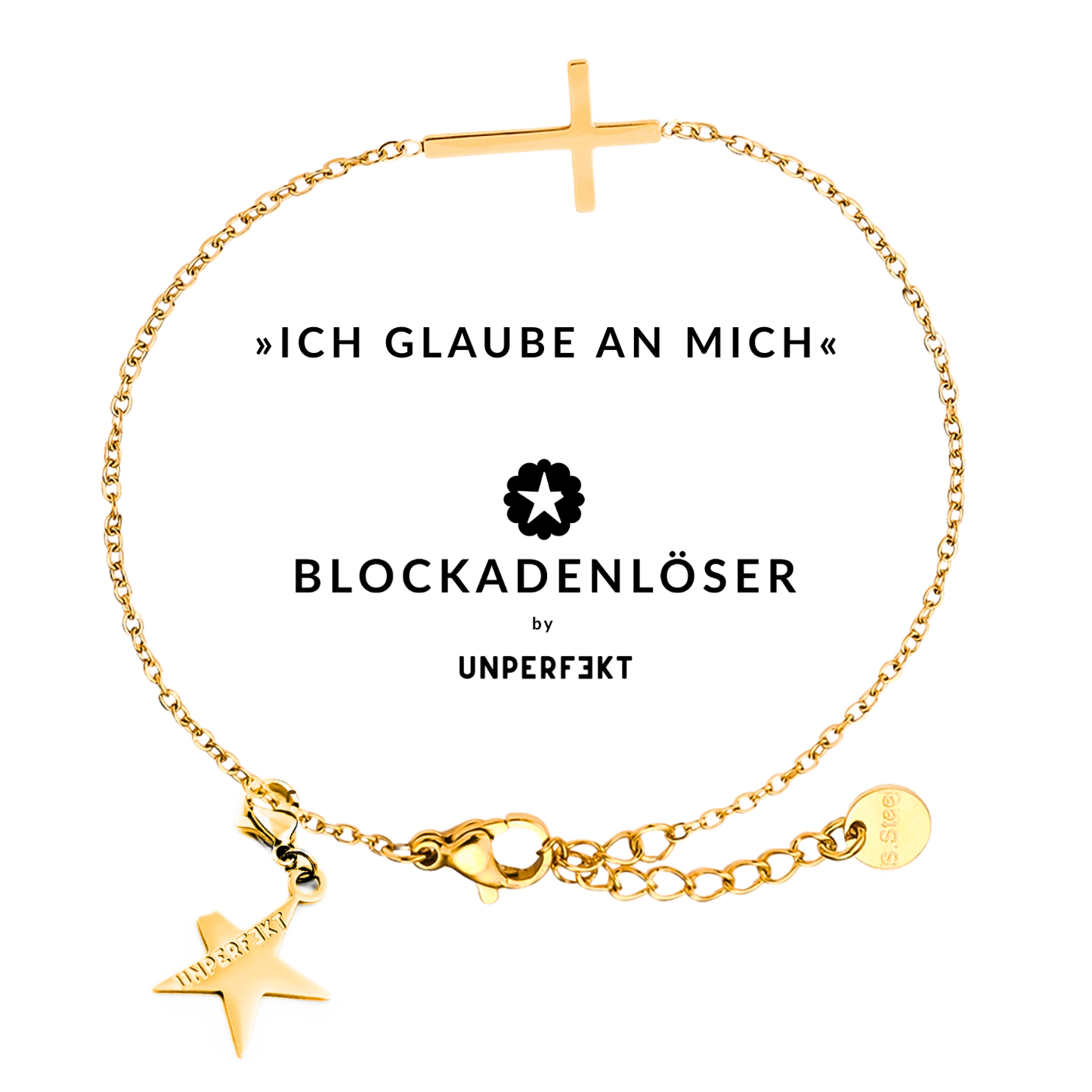 »Ich glaube an mich« 14 Karat vergoldetes Blockadenlöser-Armband mit Kreuz und abgebrochenem Stern