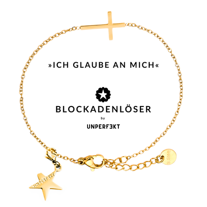 »Ich glaube an mich« 14 Karat vergoldetes Blockadenlöser-Armband mit Kreuz und abgebrochenem Stern