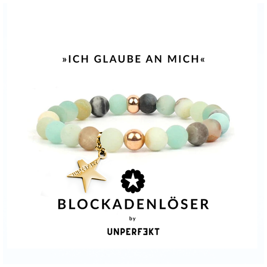 »Ich glaube an mich« Blockadenlöser aus echten Amazonitperlen inkl. abgebrochener Stern