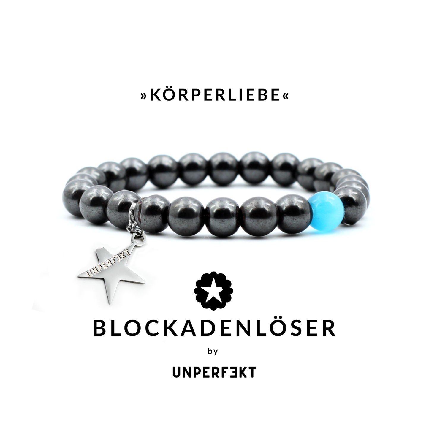 »Körperliebe« Blockadenlöser-Armband aus Hämatit und blauer Opalperle inkl. abgebrochenem Stern