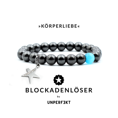 »Körperliebe« Blockadenlöser-Armband aus Hämatit und blauer Opalperle inkl. abgebrochenem Stern