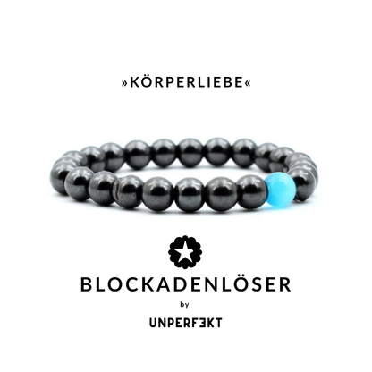 »Körperliebe« Blockadenlöser aus Hämatit-Perlen und blauer Opalperle