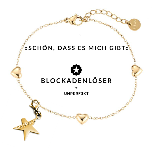»Schön, dass es mich gibt« Blockadenlöser-Armband 14K vergoldet mit 3 Herzen inkl. abgebrochenem Stern