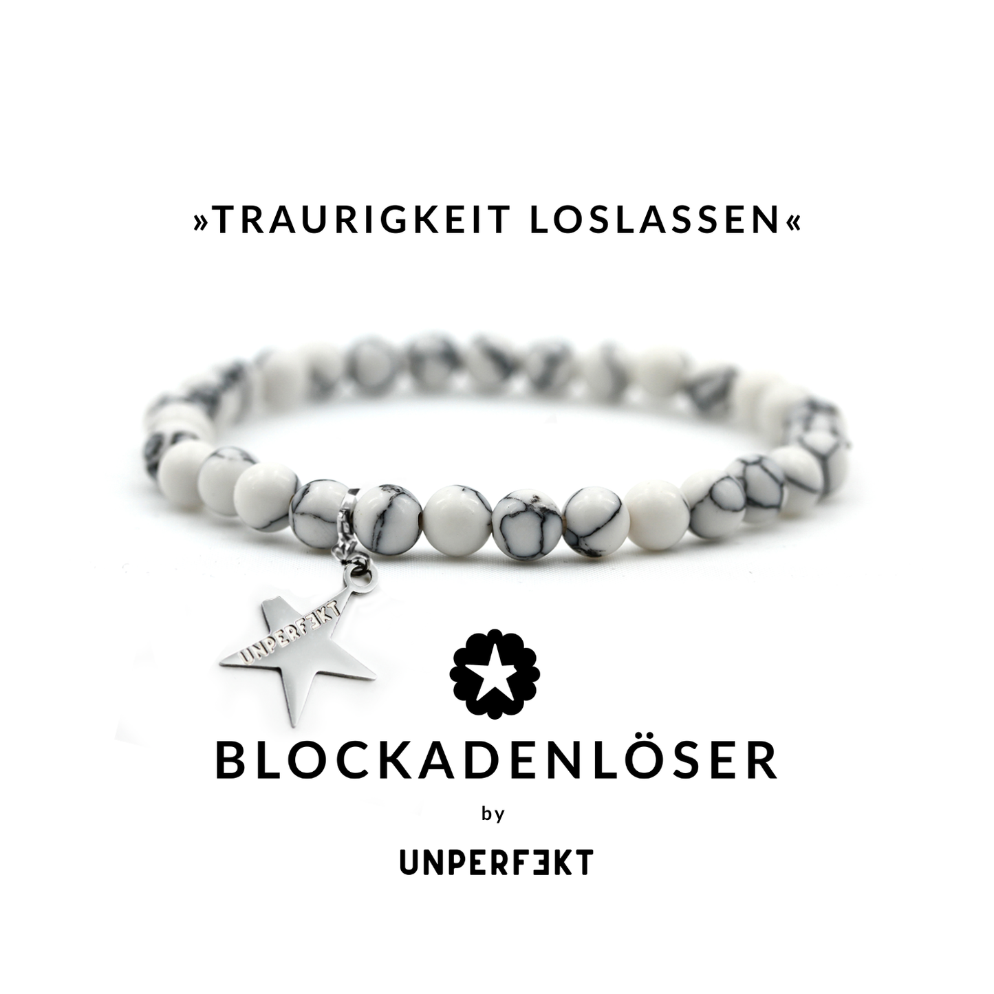»Traurigkeit loslassen« Blockadenlöser aus echtem weißen Howlith inkl. abgebrochener Stern