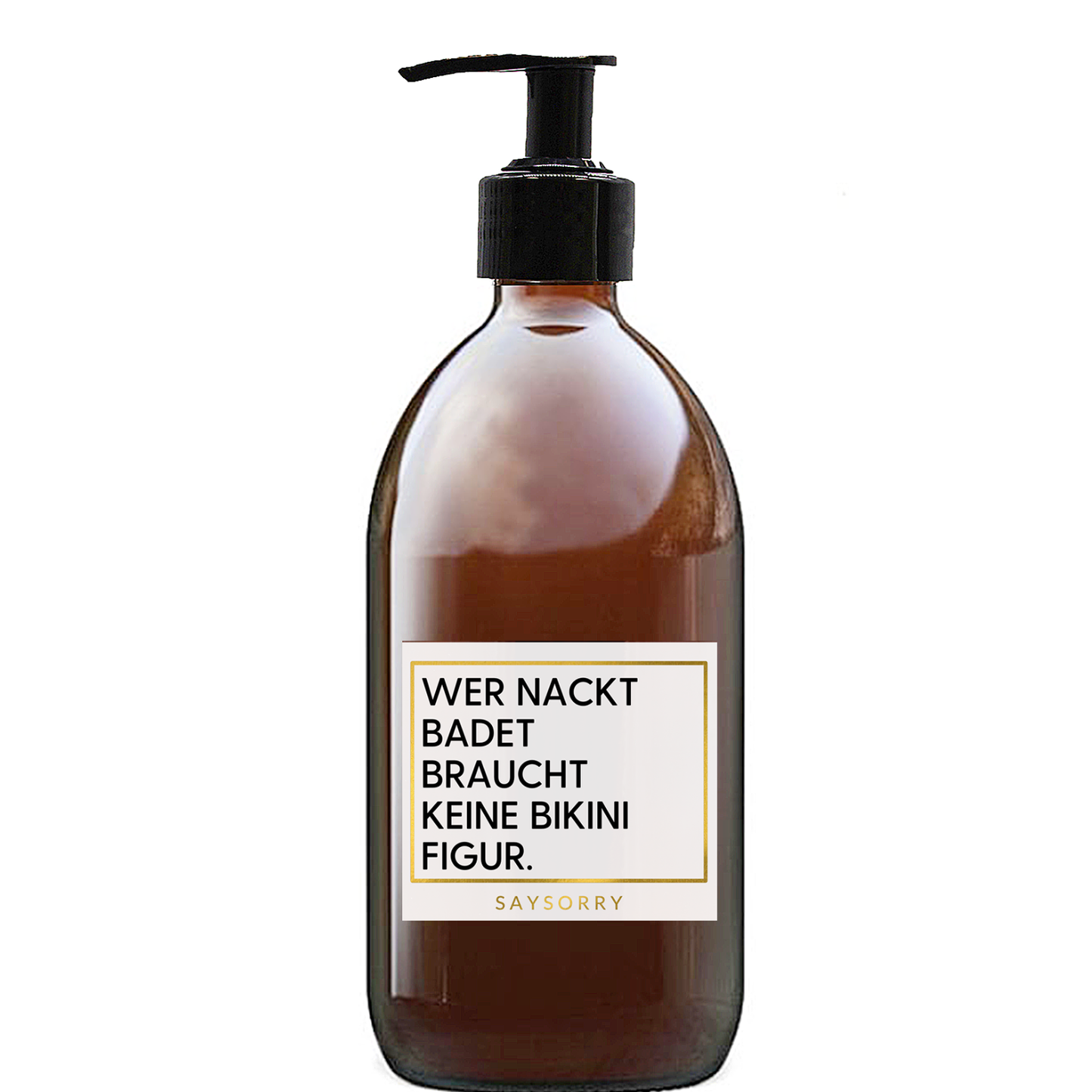 Edle Sandelholz Handseife »Wer nackt badet, braucht keine Bikinifigur« in nachfüllbarer Glasflasche