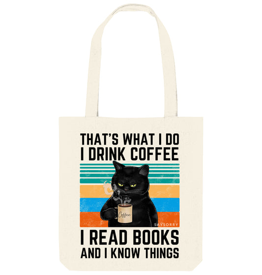 Tote Bag Grumpy Coffee Cat »That’s what I do. I read books and I know things.«