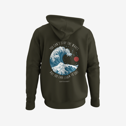 Organic unisex Hoodie »You can't stop the waves, but you can learn to surf« Vorne bestickt, hinten bedruckt