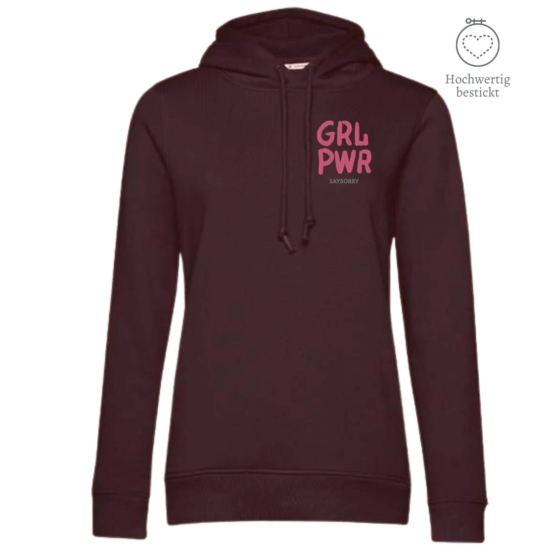 Organic & recycelter Damen Hoodie »GRL PWR« hochwertig bestickt Shirt SAYSORRY Burgundy XS 