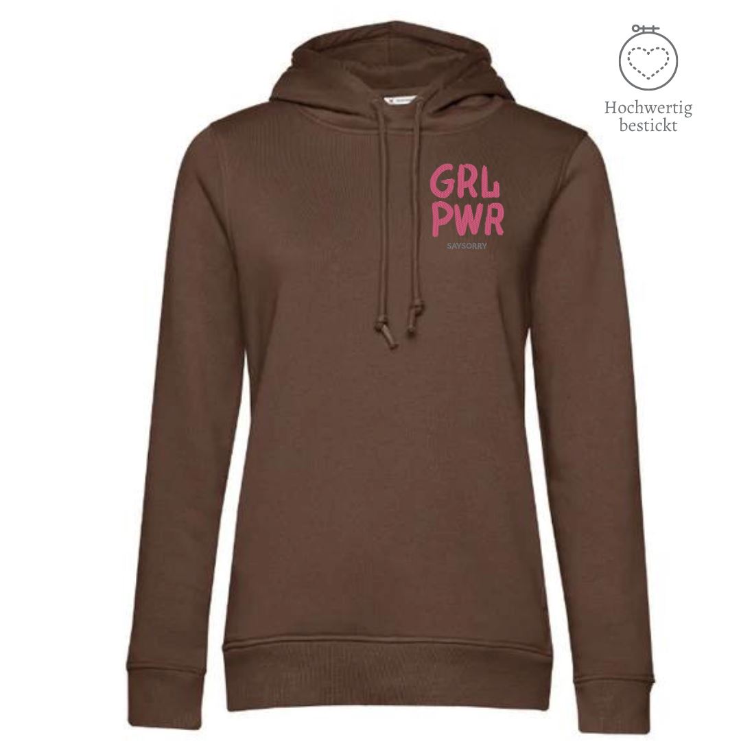 Organic & recycelter Damen Hoodie »GRL PWR« hochwertig bestickt Shirt SAYSORRY Mocha XS 