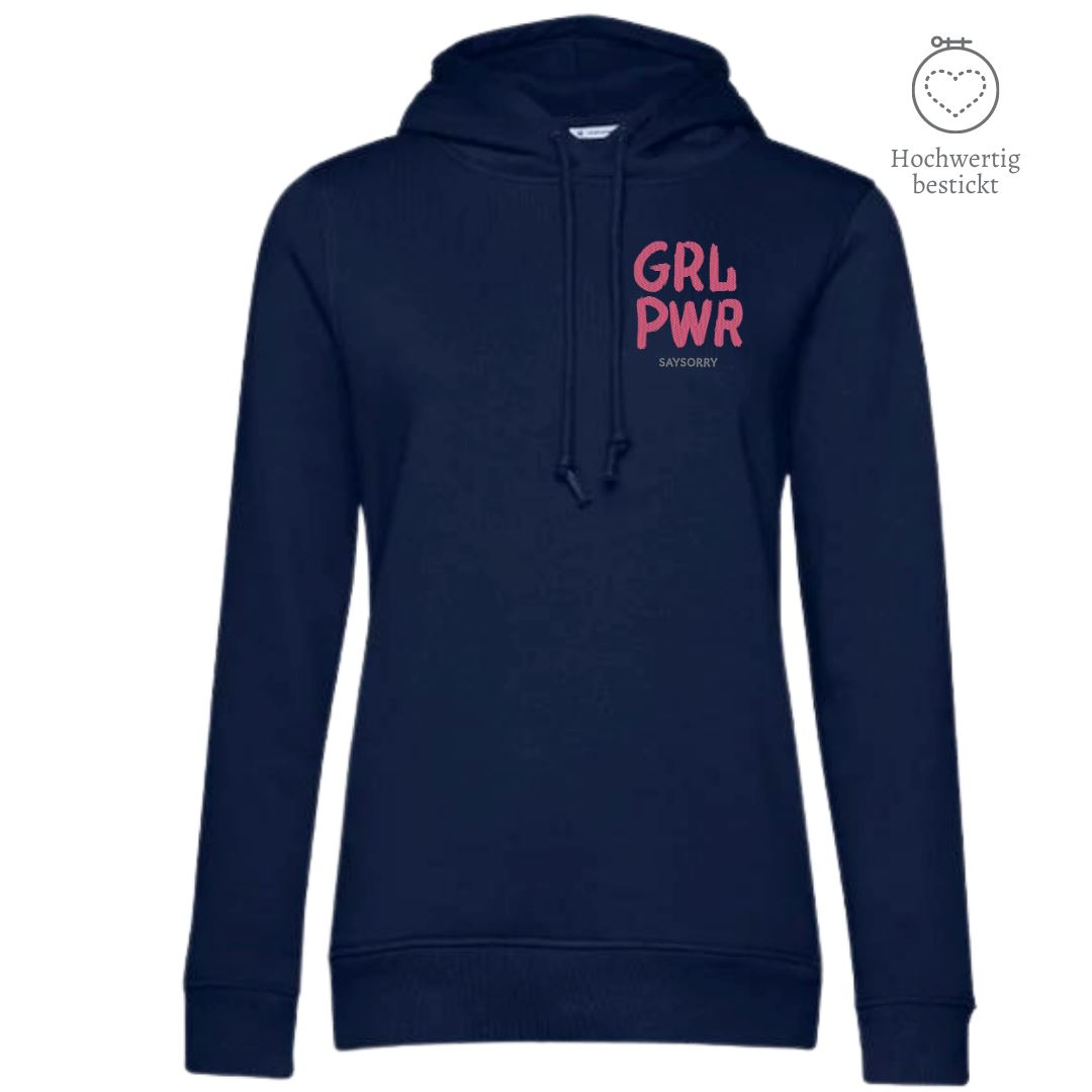 Organic & recycelter Damen Hoodie »GRL PWR« hochwertig bestickt Shirt SAYSORRY Navy Blue XS 