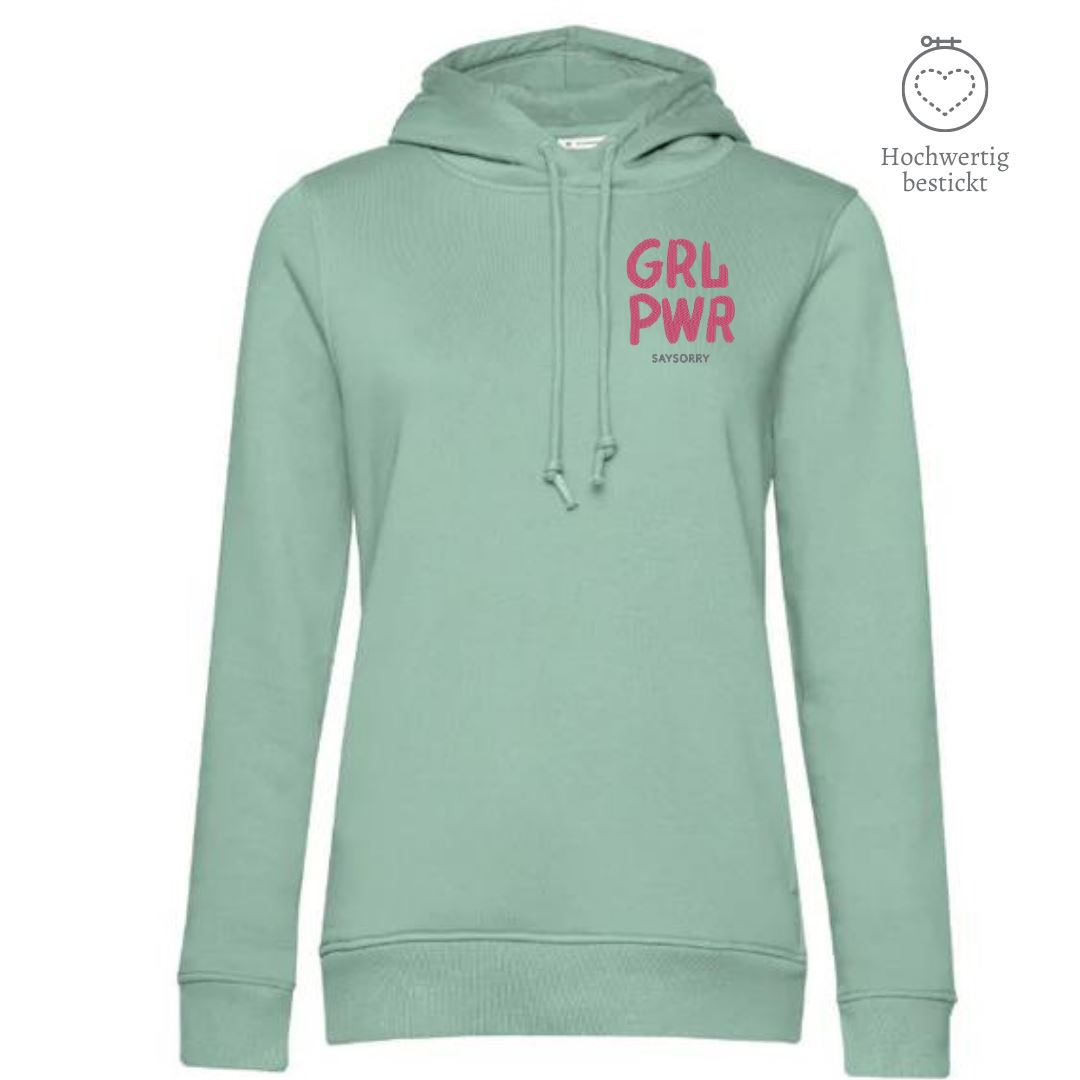 Organic & recycelter Damen Hoodie »GRL PWR« hochwertig bestickt Shirt SAYSORRY Sage XS 