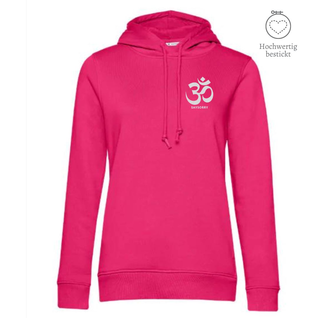 Organic & recycelter Damen Hoodie »OM Zeichen« hochwertig bestickt Shirt SAYSORRY Magenta Pink XS 